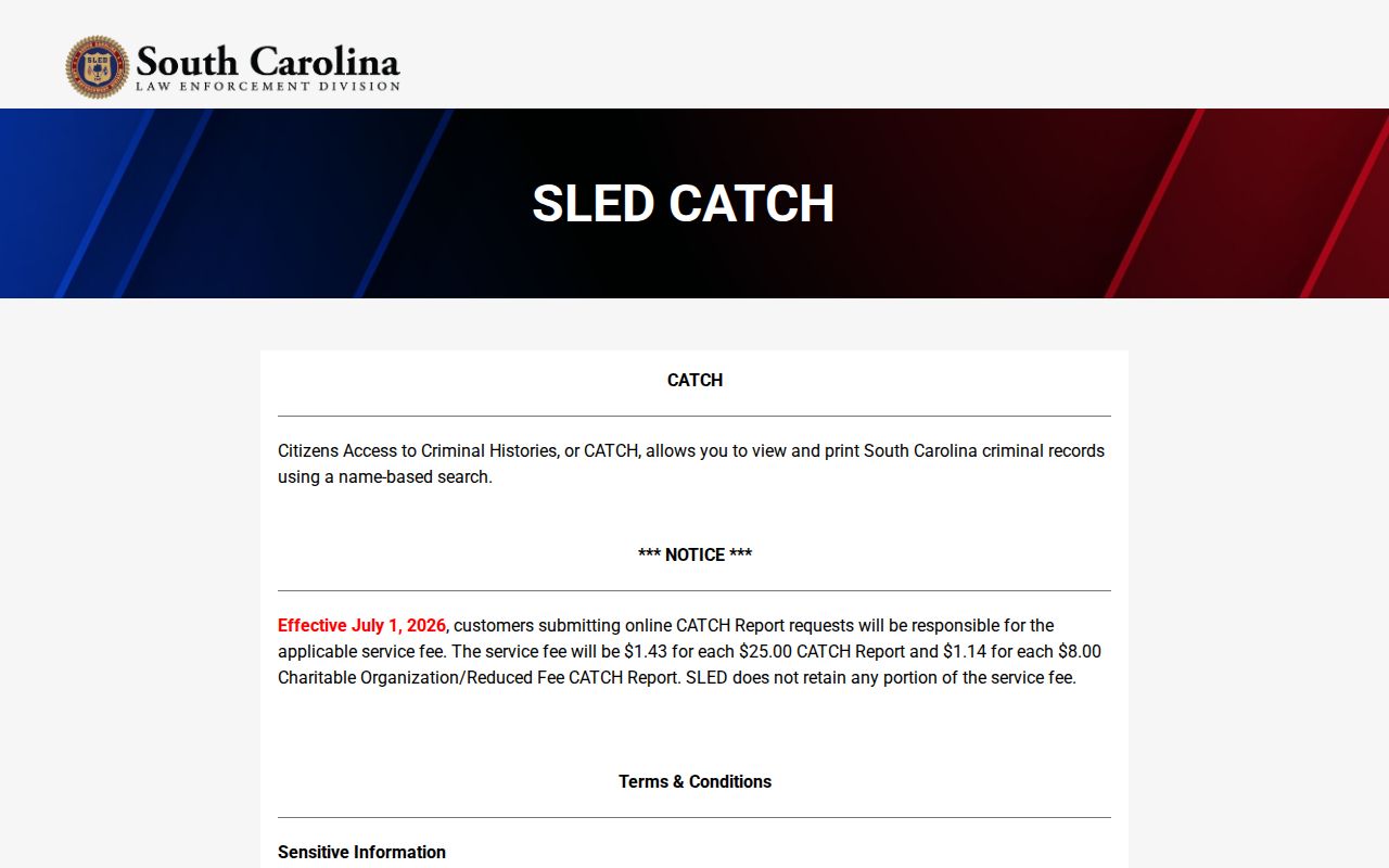 Darlington County criminal history terms on SLED CATCH
